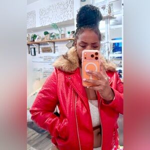 Red Faux Fur Collar Women's Jacket